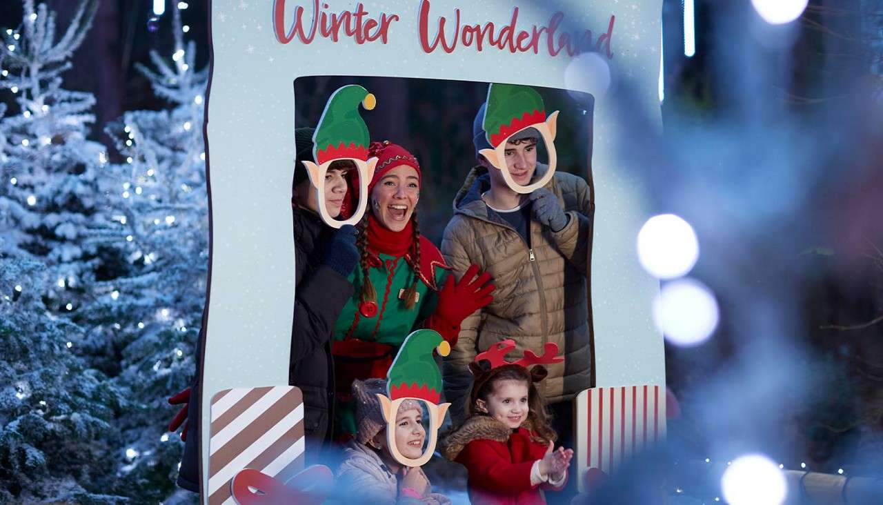 Group of people pose and smile through elf-face cutouts in a photo board labeled “Winter Wonderland”, while a child claps below; snowy, decorated trees and festive lights surround them outdoors.