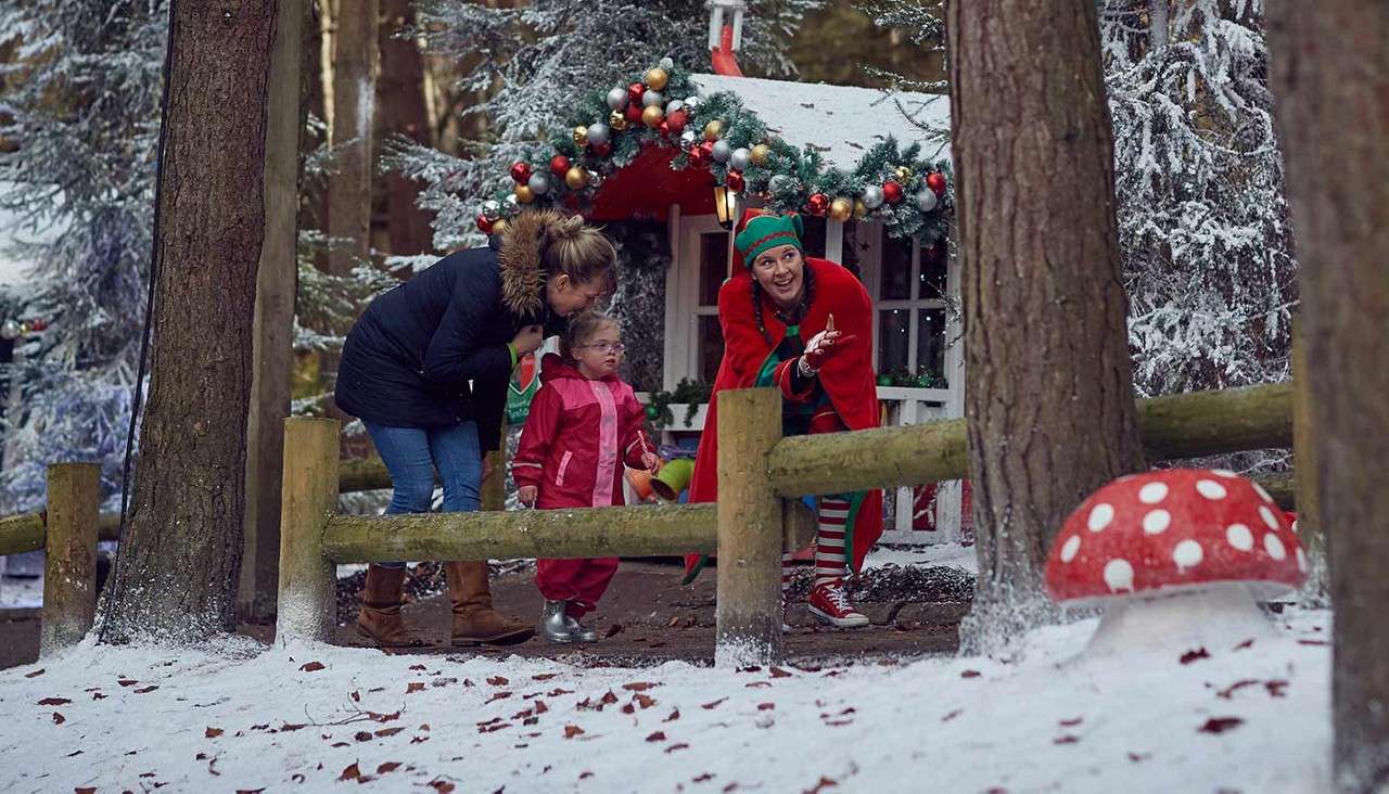 Elf performer gestures to a child and parent. The trio stands by a garlanded, snow-dusted hut behind a wooden fence in a winter forest, near a large red toadstool.
