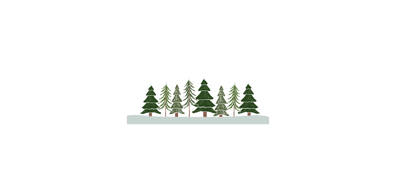 Row of evergreen trees stands evenly spaced on a low snowbank, their layered branches pointing down. Minimalist scene with empty white background suggests a quiet winter forest clearing.