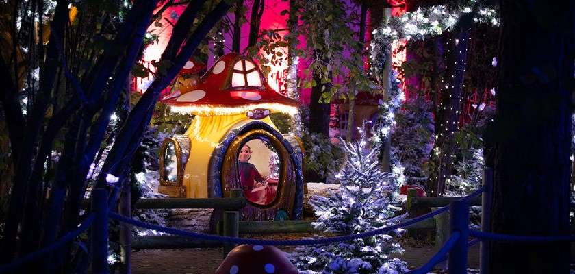 Mushroom-shaped playhouse shelters a person peering through its round doorway, surrounded by snow-dusted firs and twinkling string lights in a nighttime forest display with purple and pink illumination.