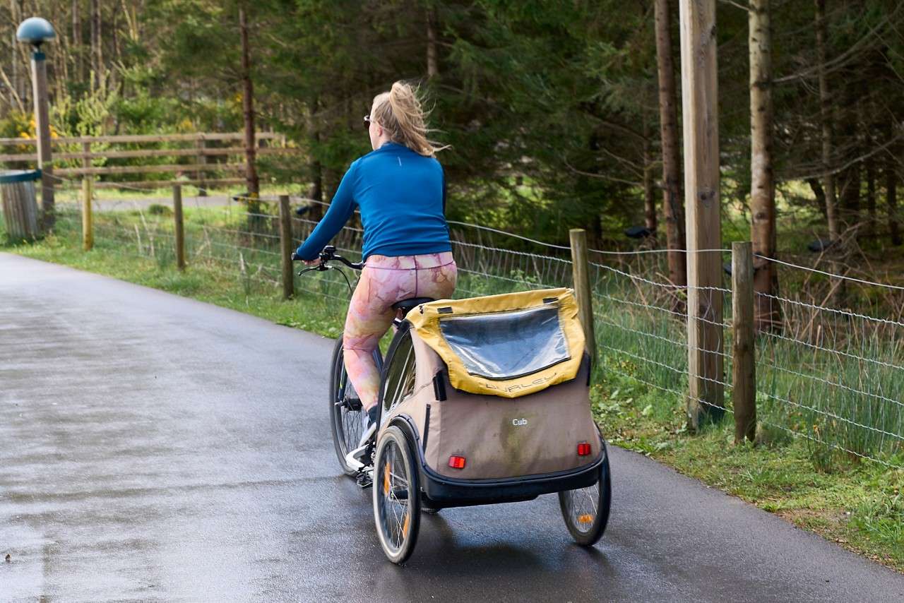 Longford forest lady cycling with children's trailer on the back of the bike