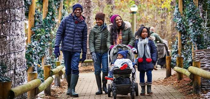 Family walks together; parents push stroller with toddler while two children walk alongside; setting: festive outdoor pathway with garland-wrapped posts, snow-dusted trees, autumn leaves, and other visitors in background.