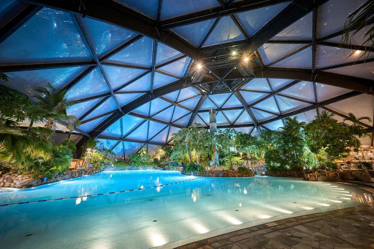 Indoor swimming pool shimmers under lights, edges curving around a lagoon. Surrounded by tropical plants and rocks, it sits beneath a large geodesic glass dome with blue panels and spotlights.