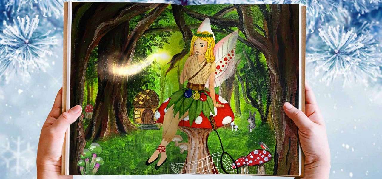 Illustrated fairy sits on a red-spotted mushroom, touching her lip as a light swirl approaches; scene appears on a book held by hands, depicting a forest with house, rabbit, bird.