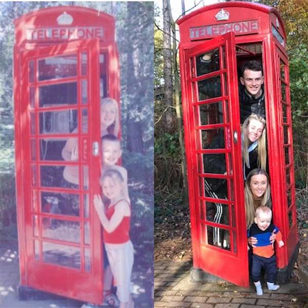 An old photo of children peering out of a red telephone box next to a newer photo of children recreating it.