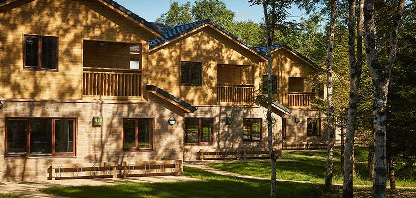 Row of three two-storey Executive Lodges in the forest showing balconies on the first floor, cycle parking outside