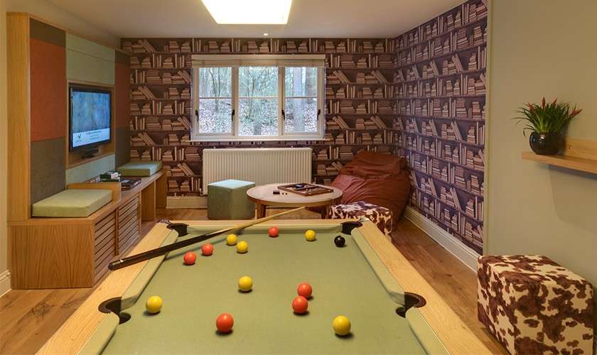 Pool table displays scattered red, yellow, and black balls in play; context: cozy recreation room with TV, built-in seating, round table, beanbag, window, book-pattern wallpaper, wooden floor, and a plant shelf.