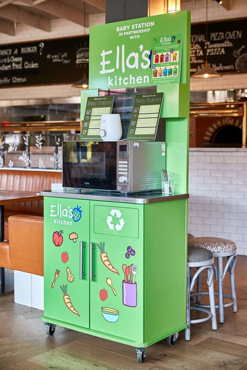 Bright green baby-feeding station holds a microwave and bottle warmer, providing heating and recycling; it stands in a restaurant beside booths and bar, decorated with food illustrations on cabinet doors.

Text visible:
- BABY STATION IN PARTNERSHIP WITH Ella’s kitchen
- Welcome to our Baby Station (appears twice)
- Ella’s kitchen (logo on cabinet and poster)
- CDA (on microwave)
- FANCY A BURGER?
- TRADITIONAL PIZZA OVEN
- [additional small text illegible]