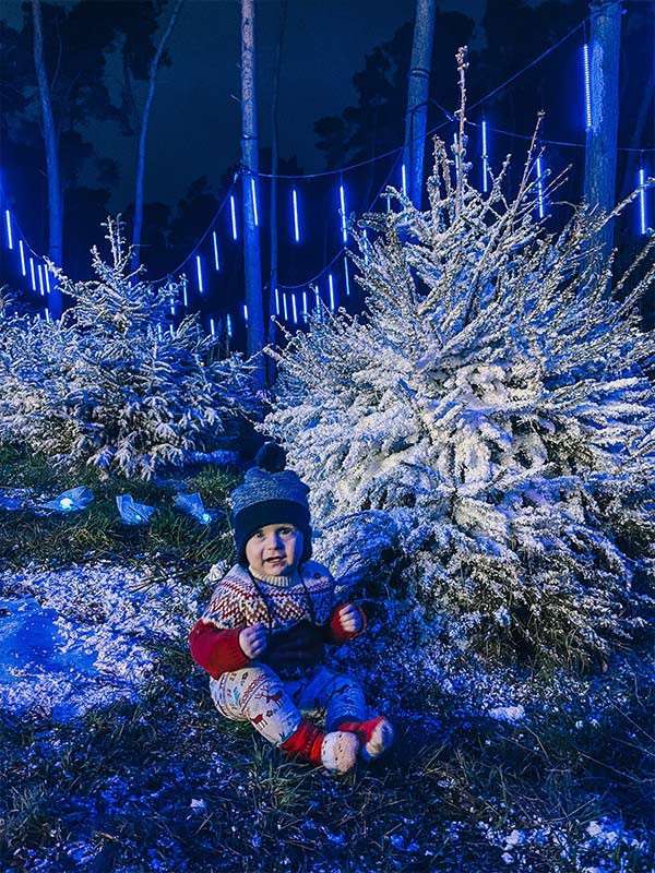 Toddler sits on snowy grass, bundled in winter clothes, looking toward camera. Surrounding small snow-dusted Christmas trees and hanging blue LED lights glow in a dark forest setting.