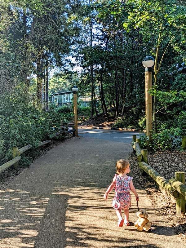 A little girl holding a toy dog on a lead walking through the forest paths. 