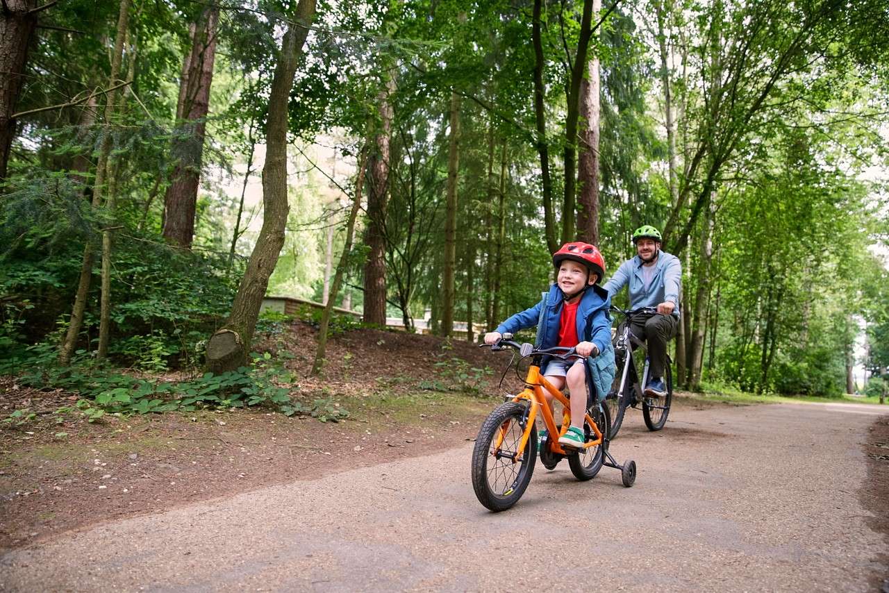 Teenagers cycling through the forest