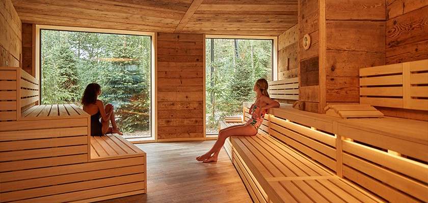 Two people sit relaxing on tiered wooden benches, facing each other. Soft lighting glows beneath seats. Large windows frame a green forest, inside a spacious wood-paneled sauna.