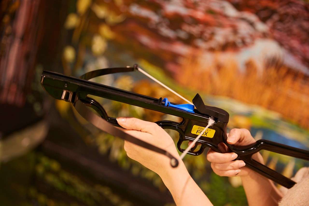 Hands aiming a mini crossbow at a wall of targets.
