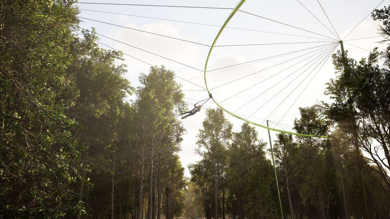 CGI image of a person flying through the sky on the Treetop Glider activity