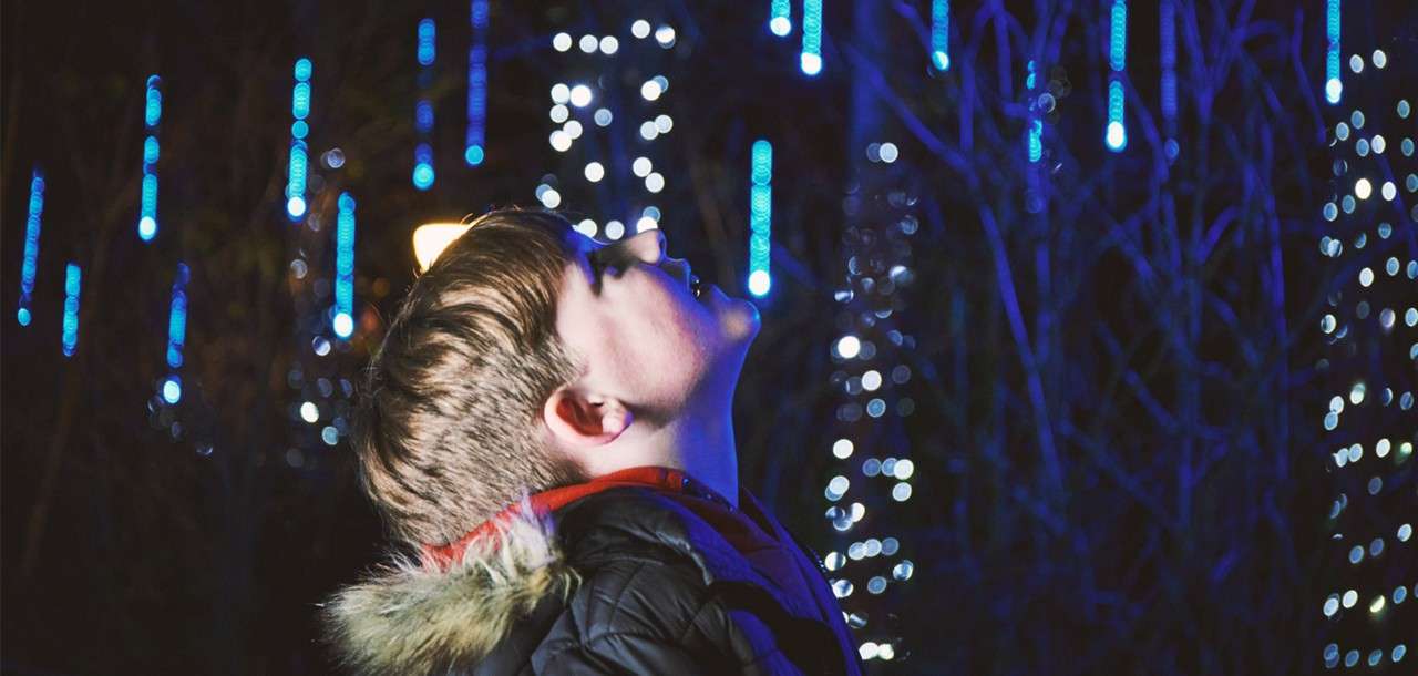 Boy looking at lights in the tree's
