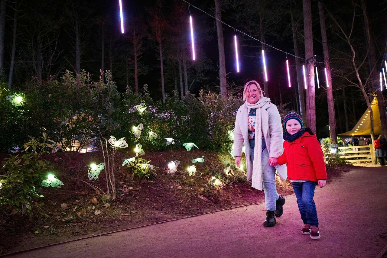 Woman with a child walking down a path lined with lights.