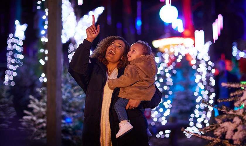 Woman holding a toddler points upward, both gazing with wonder. Surrounding them, colorful holiday lights and glowing decorations sparkle among trees at night, creating a festive outdoor display.