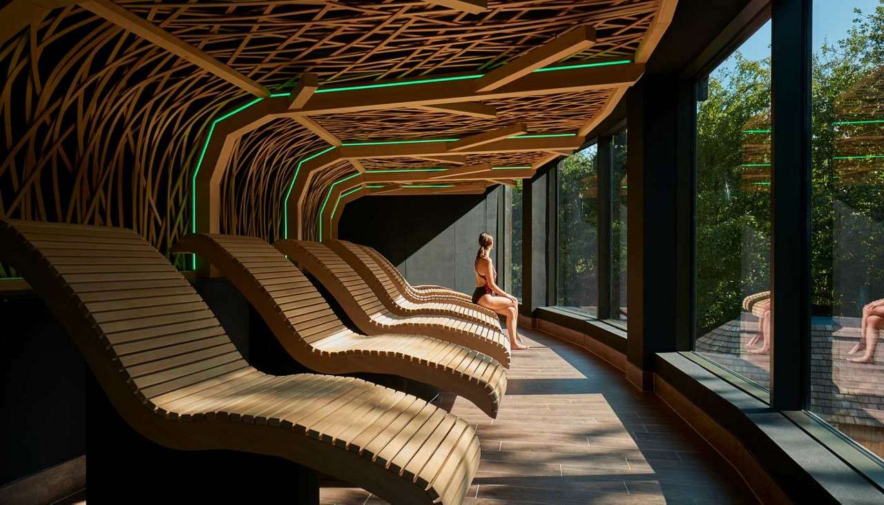 A fountain in a relaxing room in the Aqua Sana steam room 