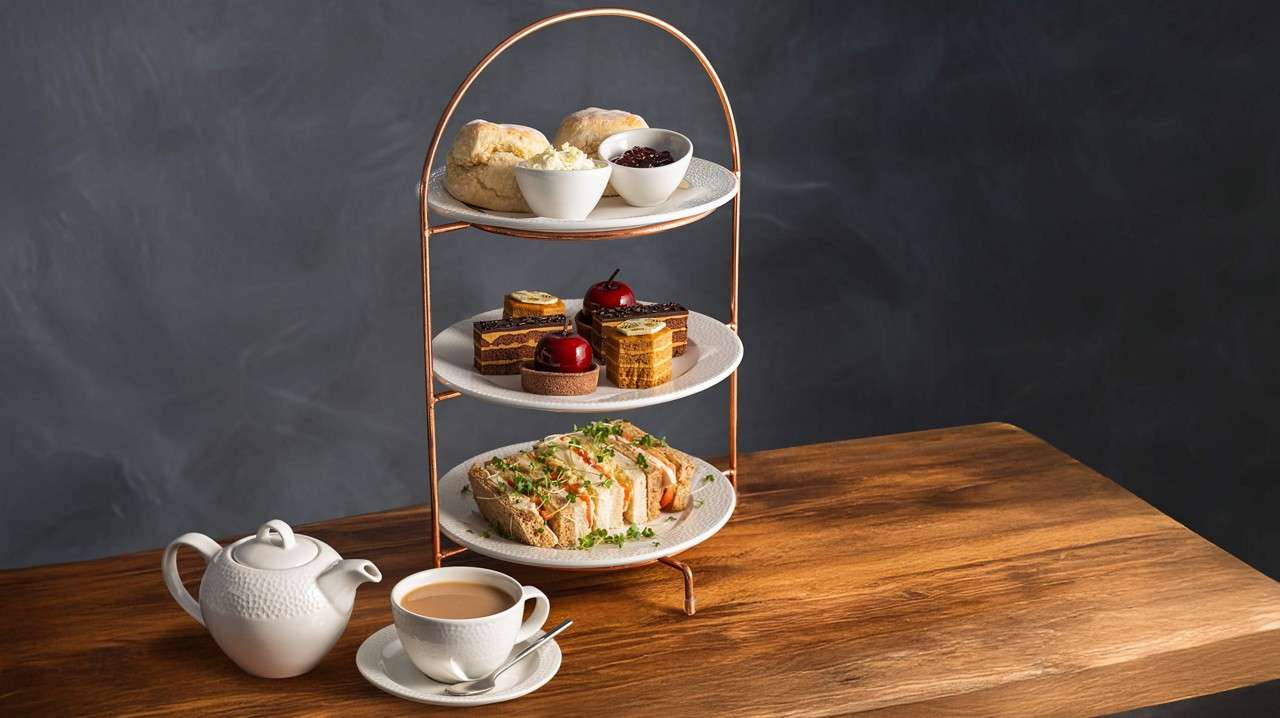 Three-tier serving stand displays afternoon tea: bottom sandwiches with greens, middle petit cakes, top scones with clotted cream and jam; set beside a teapot and cup on a wooden table.
