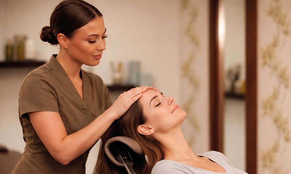 Spa therapist giving a client a relaxing head massage in the express treatment area.