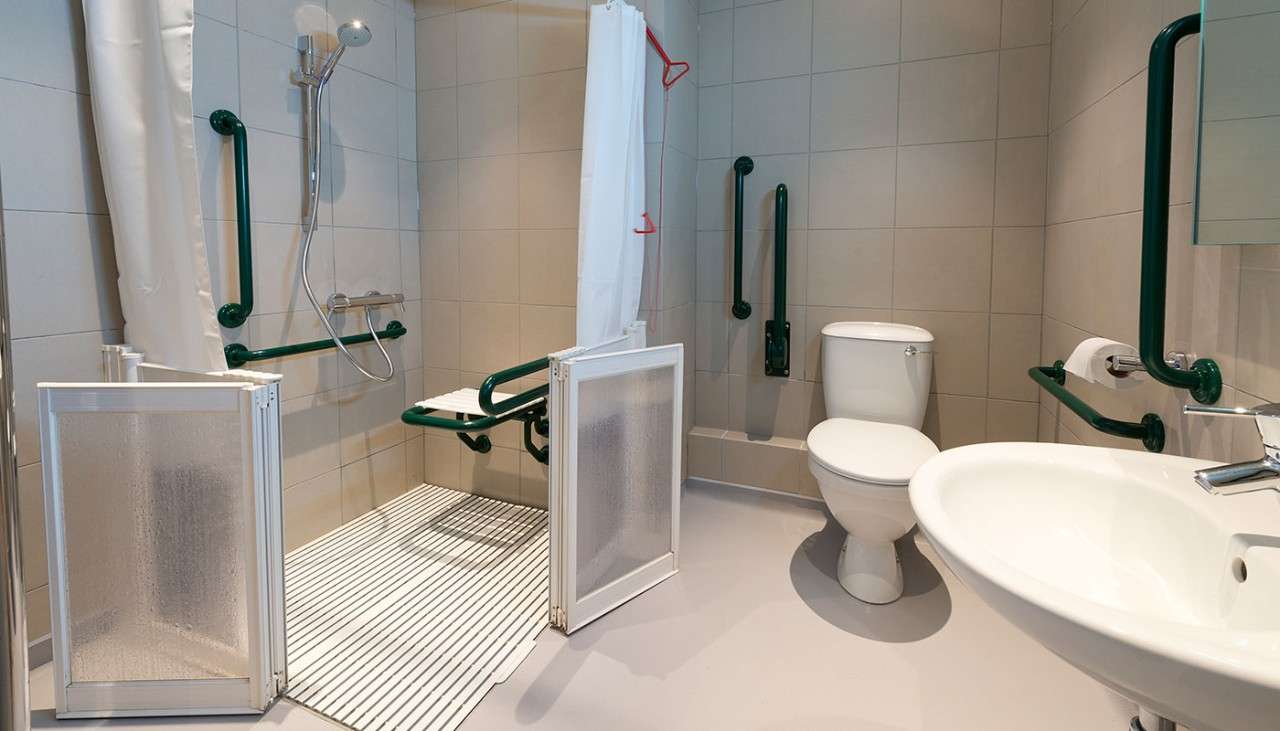 An adapted lodge bathroom showing walk-in shower toilet and sink.