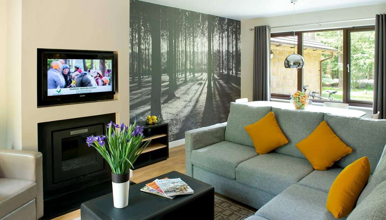 A Woodland Lodge living area showing TV, corner sofa and fire.