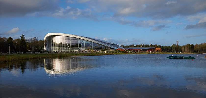 An outside view of Center Parcs, Longford. Showing the outside of the Subtropical Swimming Paradise and lazy river. 