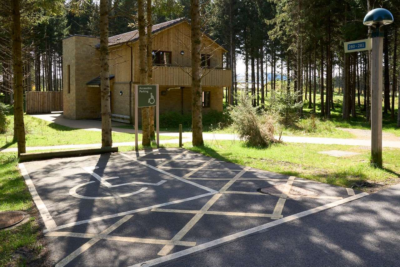 Accessible parking space marked with a wheelchair symbol sits empty near a wooden cabin among tall trees; signs read: Accessible Parking and 280–281.