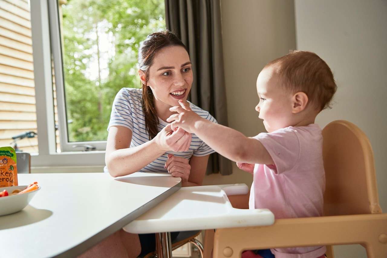 Toddler reaches toward an adult offering food, seated in a high chair at a kitchen table near a window; a bowl of vegetables and a baby-food pouch sit nearby. Text: “cken erole”.
