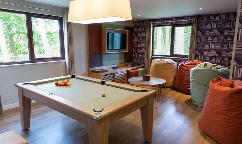 Pool table sits prepared for a game, balls racked and cue ball placed; surrounded by beanbag chairs, low table, wall-mounted TV, large windows, wooden floor, and wallpaper patterned like bookshelves.