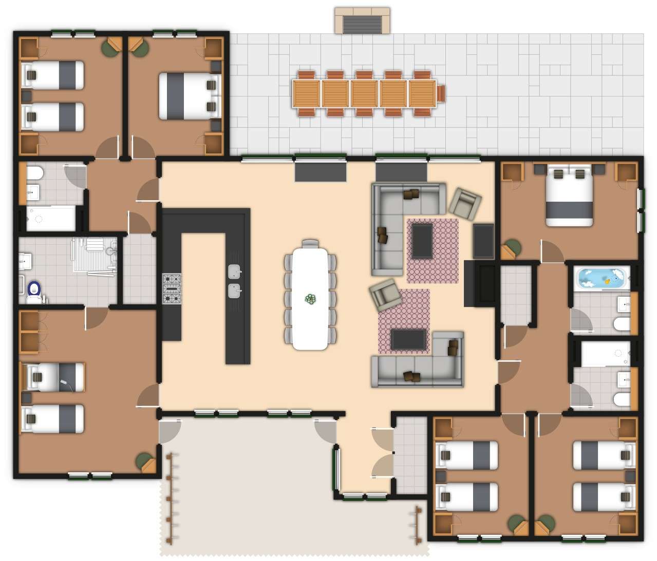 House floor plan showing rooms arranged around a central open living-dining-kitchen; sofas face two fireplaces; bedrooms and bathrooms line both sides; large rear patio with dining table, front porch.