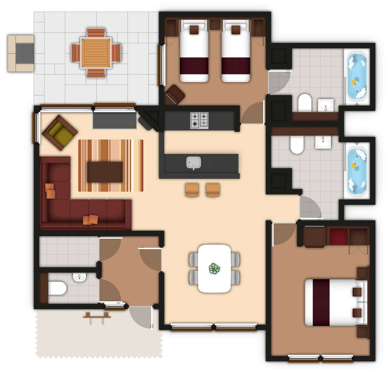A detailed floor plan illustration of a two bedroom Executive Lodge. If you require further assistance viewing the floor plan or need further information please contact Guest Services.