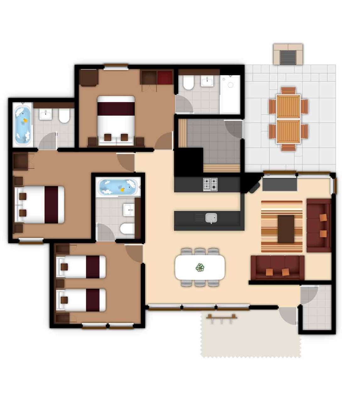 A detailed floor plan illustration of a three bedroom Executive Lodge. If you require further assistance viewing the floor plan or need further information please contact Guest Services.