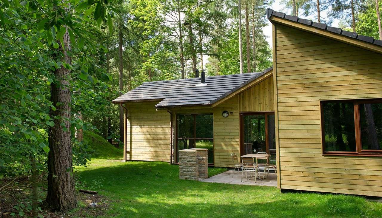 The exterior of an Executive Lodge amongst the trees