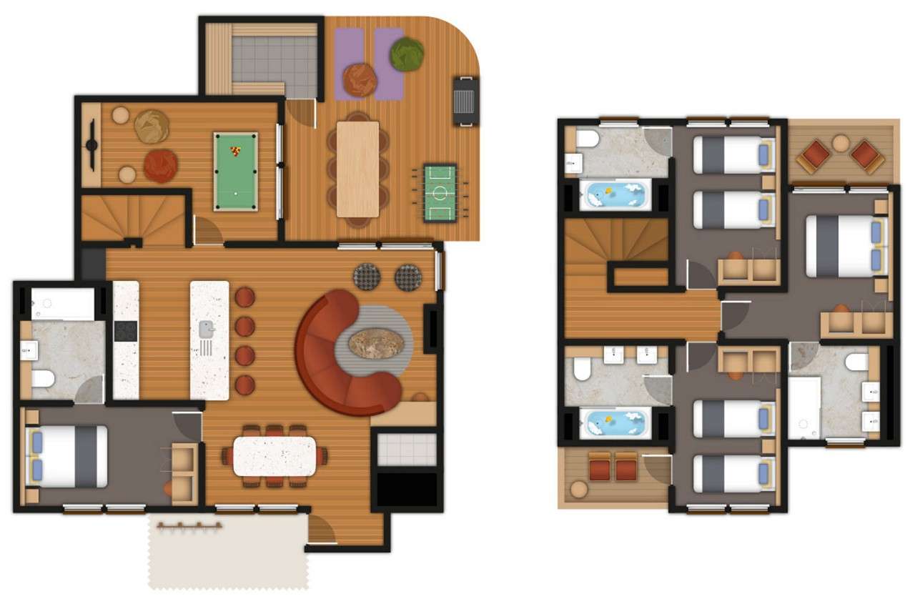 A detailed floor plan illustration of a four bedroom Executive Plus Lodge. If you require further assistance viewing the floor plan or need further information please contact Guest Services.
