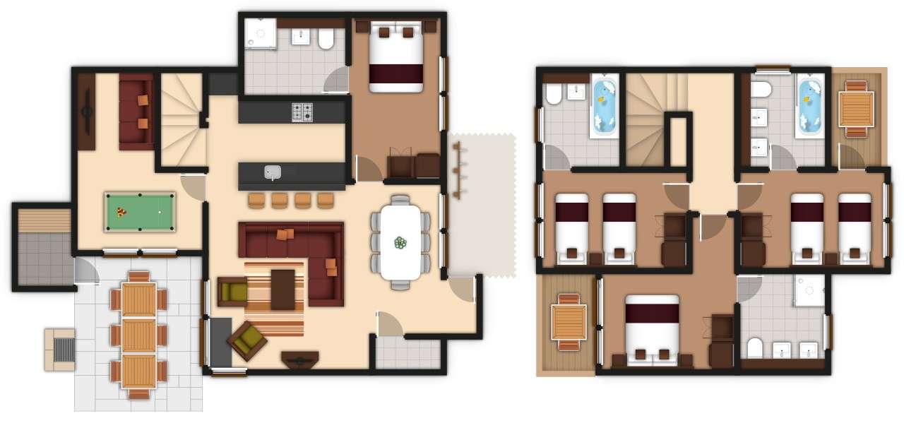 A detailed floor plan illustration of a four bedroom Forest Lodge. If you require further assistance viewing the floor plan or need further information please contact Guest Services.