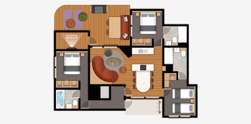 Three bedroom Grand Forest Lodge floor plan. 