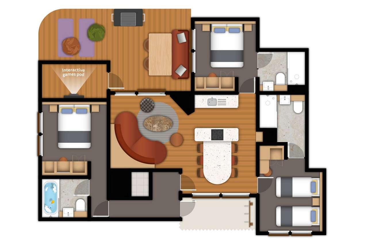 A detailed floor plan illustration of a three bedroom Grand Forest Lodge with interactive games pod. If you require further assistance viewing the floor plan or need further information please contact Guest Services.