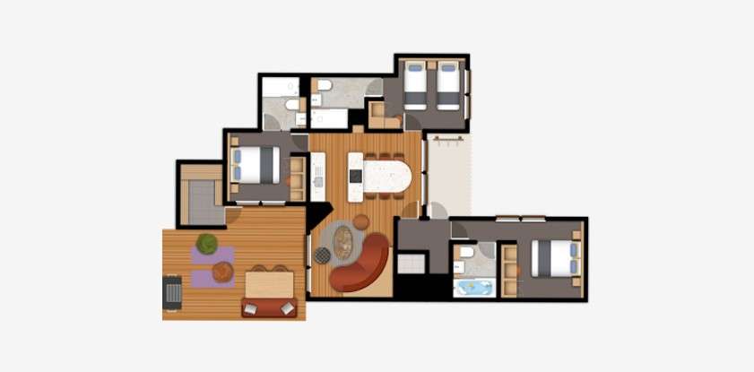 Three bedroom Grand Forest Lodge floor plan. 