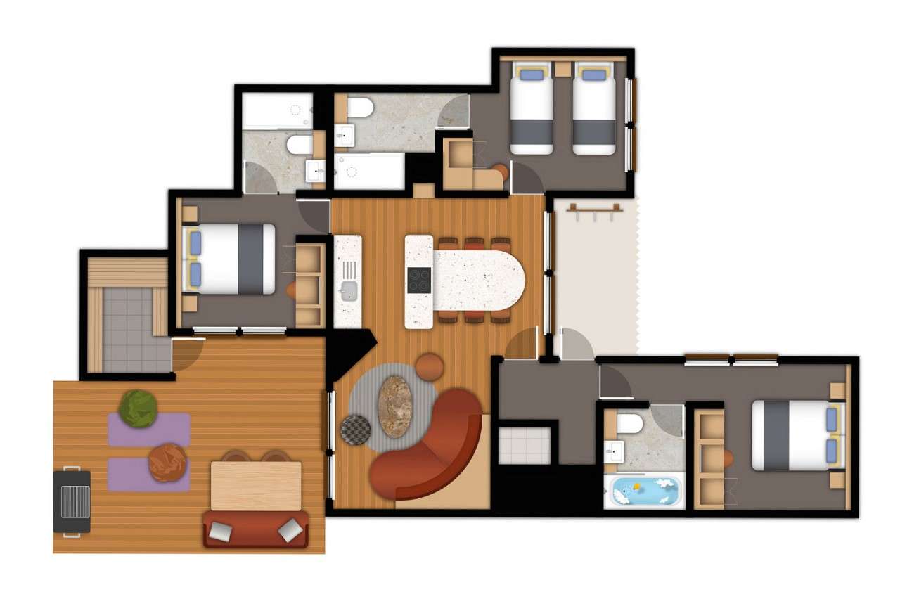 A detailed floor plan illustration of a three bedroom Grand Forest Lodge with sauna. If you require further assistance viewing the floor plan or need further information please contact Guest Services.