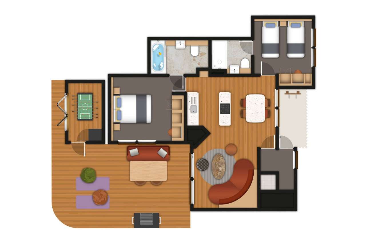 A detailed floor plan illustration of a two bedroom Grand Forest Lodge. If you require further assistance viewing the floor plan or need further information please contact Guest Services.