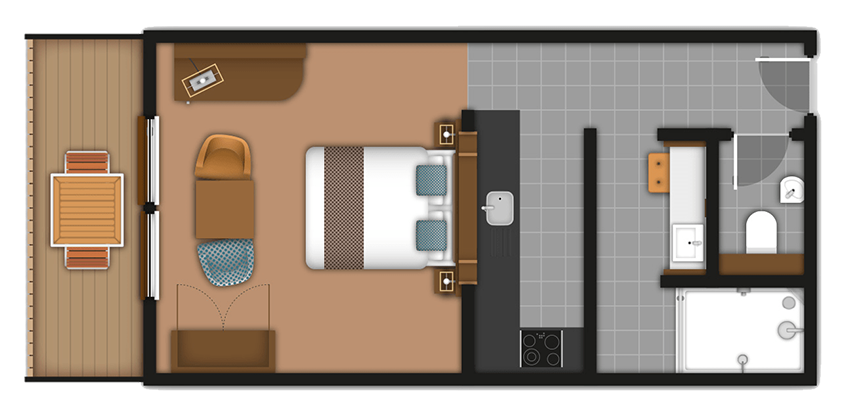 Studio plan shows bed and sofa in sleeping area opening to balcony; kitchenette with sink and cooktop lines wall; adjoining bathroom includes sink, toilet, and shower.