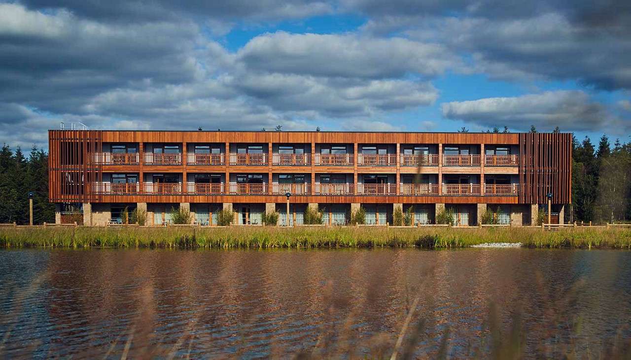 Exterior of lakeside apartments