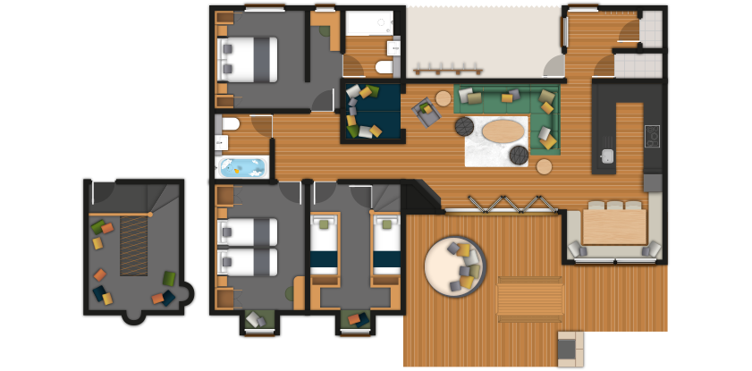 House floor plan displays rooms around central hall; furnished bedrooms and bathrooms left; open living area connects to kitchen-dining right; folding doors lead to large deck and separate octagonal lounge.