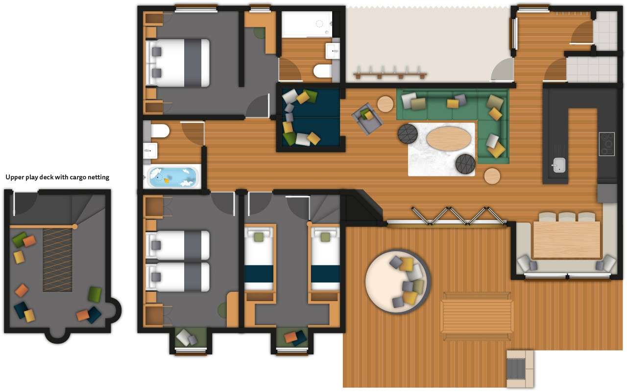 Floor plan arranges three bedrooms, two bathrooms, and a lounge nook around an open kitchen-living area; doors open to a deck with dining and circular seating. Text: Upper play deck with cargo netting.