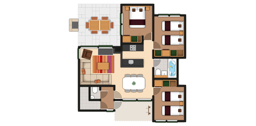 Three bedroom Woodland Lodge floor plan. 