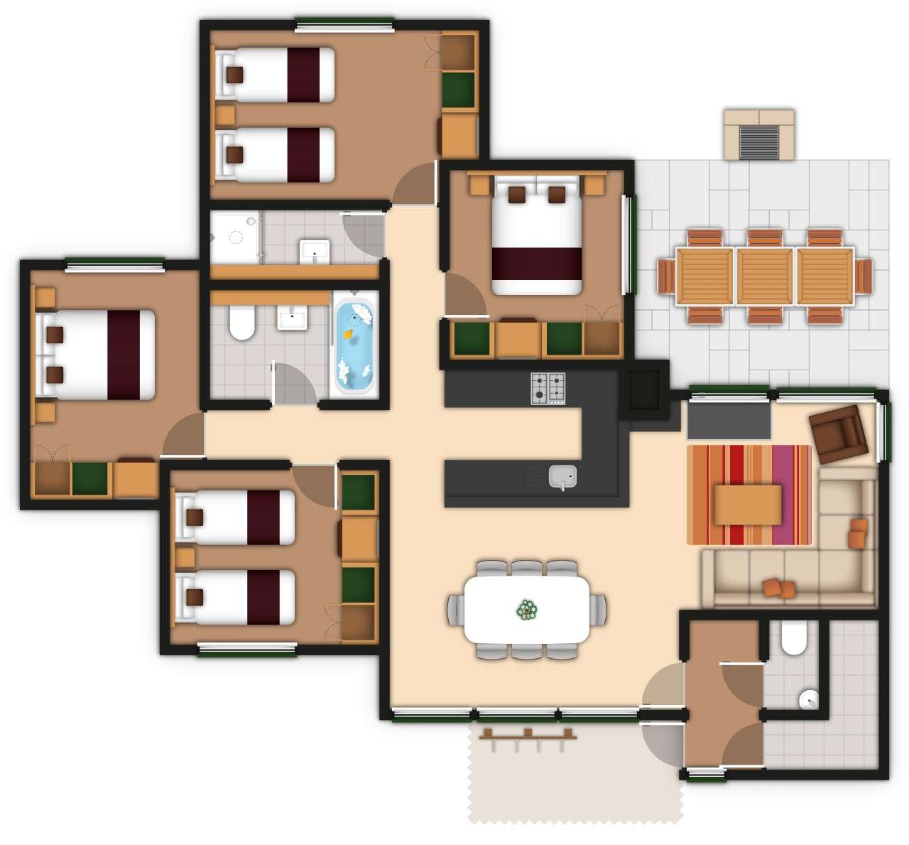 A detailed floor plan illustration of a four bedroom Woodland Lodge. If you require further assistance viewing the floor plan or need further information please contact Guest Services.