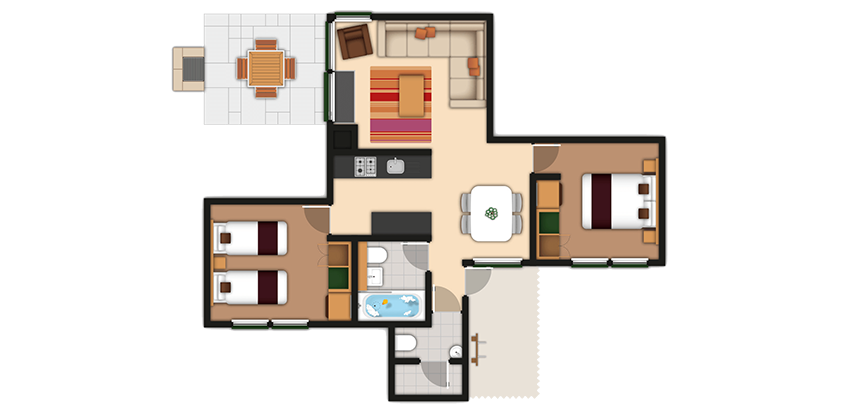 Two bedroom Woodland Lodge floor plan. 