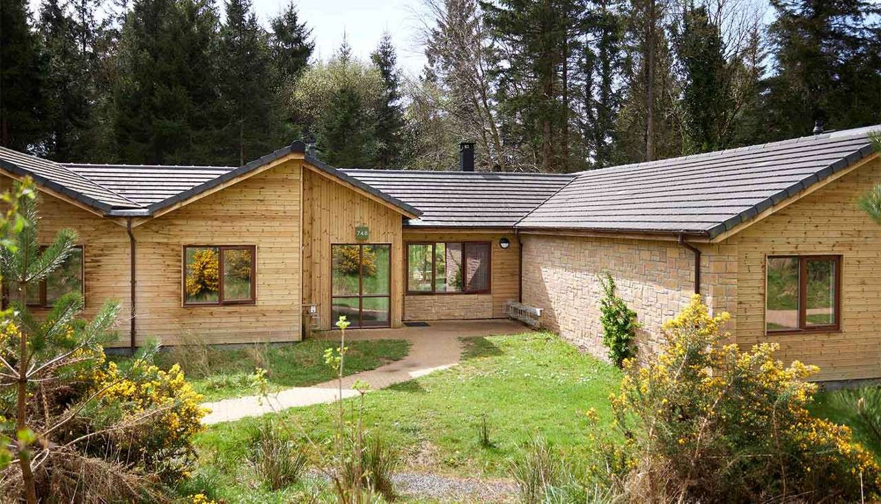 The outside of a Woodland Lodge through trees in the forest 