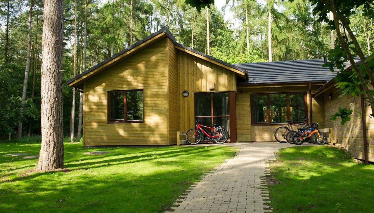 The exterior of a Woodland Lodge in the forest 